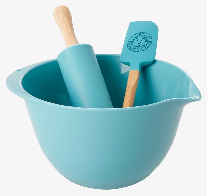 Bakset Lejon Blå från Rice med skål, kavel och slickepott