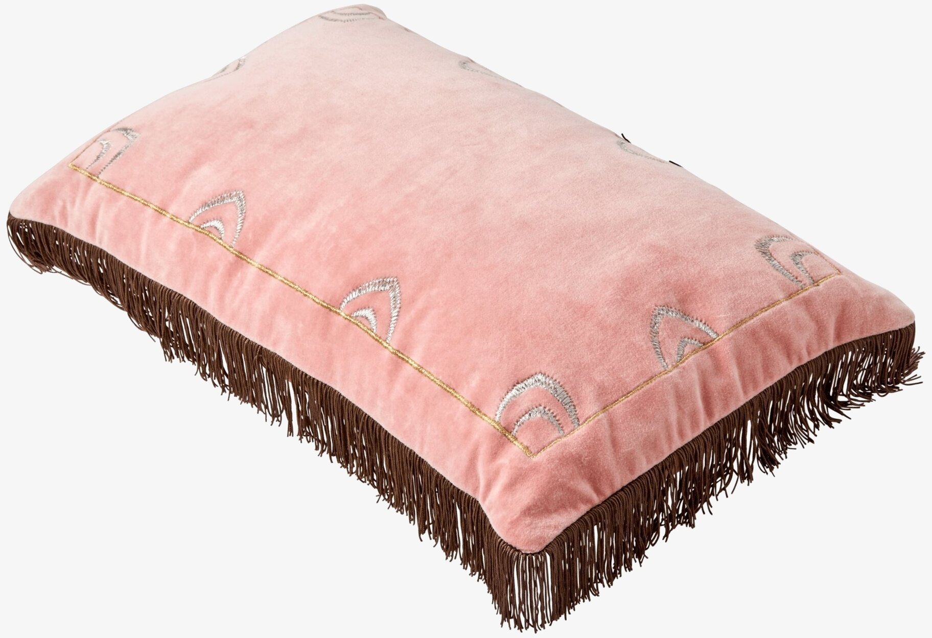 Prydnadskudde Velour Pink från Rice med broderi och fransar