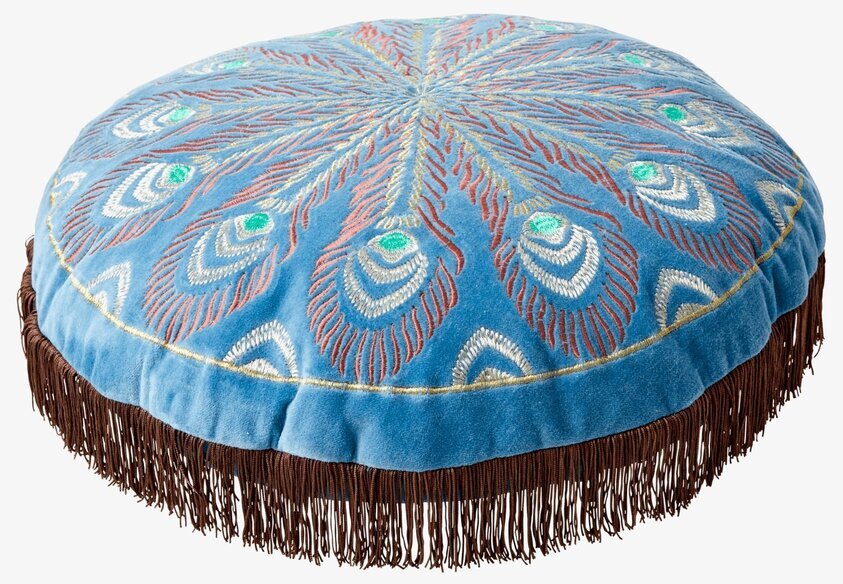 Rund Prydnadskudde Peacock Print Blue från Rice i blått