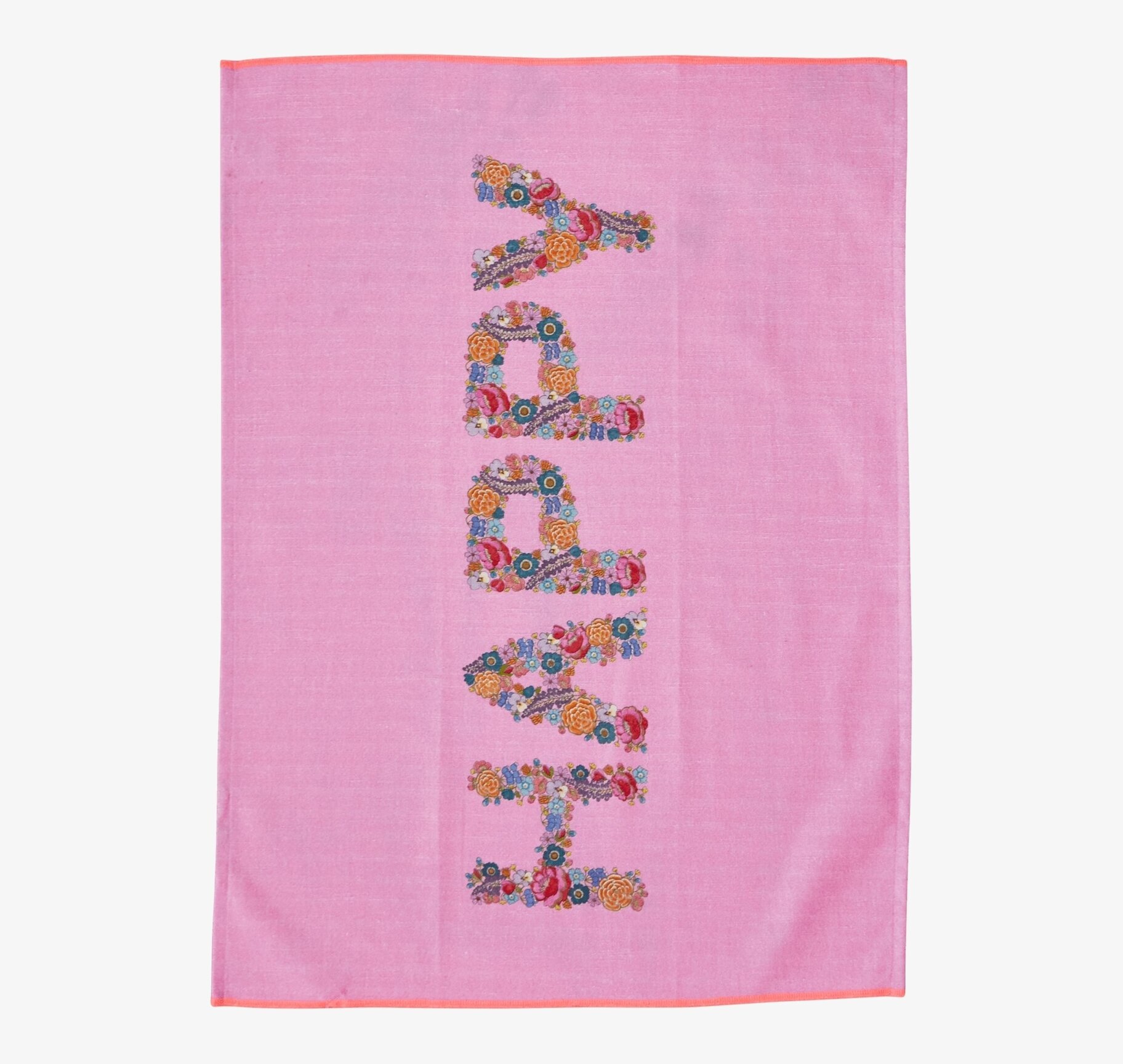 Kökshandduk Happy från Rice med rosa bakgrund och blommor