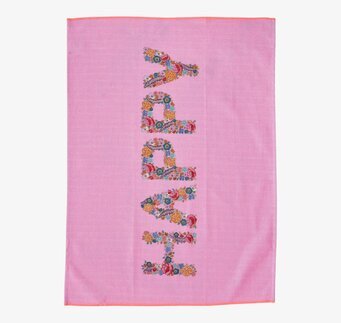 Kökshandduk Happy från Rice med rosa bakgrund och blommor