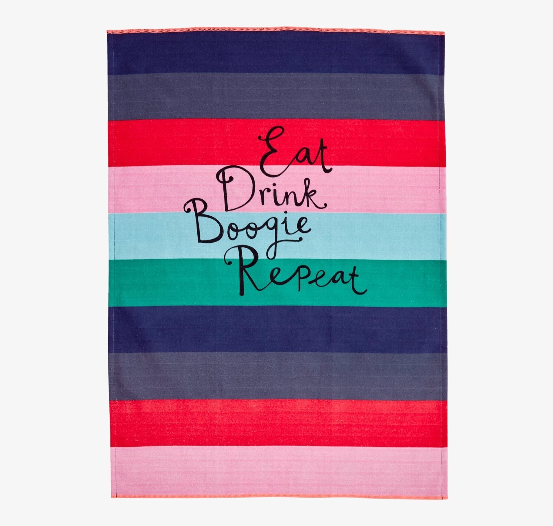 Kökshandduk Stripes från Rice med färgglada ränder och text