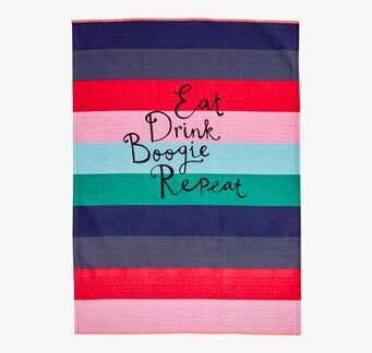 Kökshandduk Stripes från Rice med färgglada ränder och text