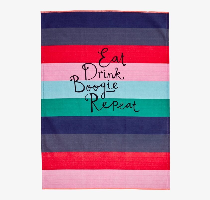 Kökshandduk Stripes från Rice med färgglada ränder och text