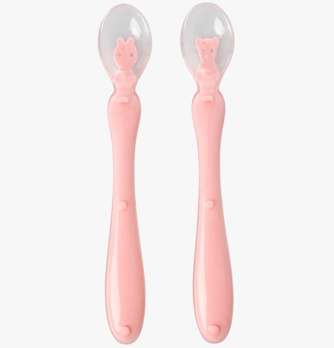 Två skedar Sked Silikon Pink från Rice med djurfigurer