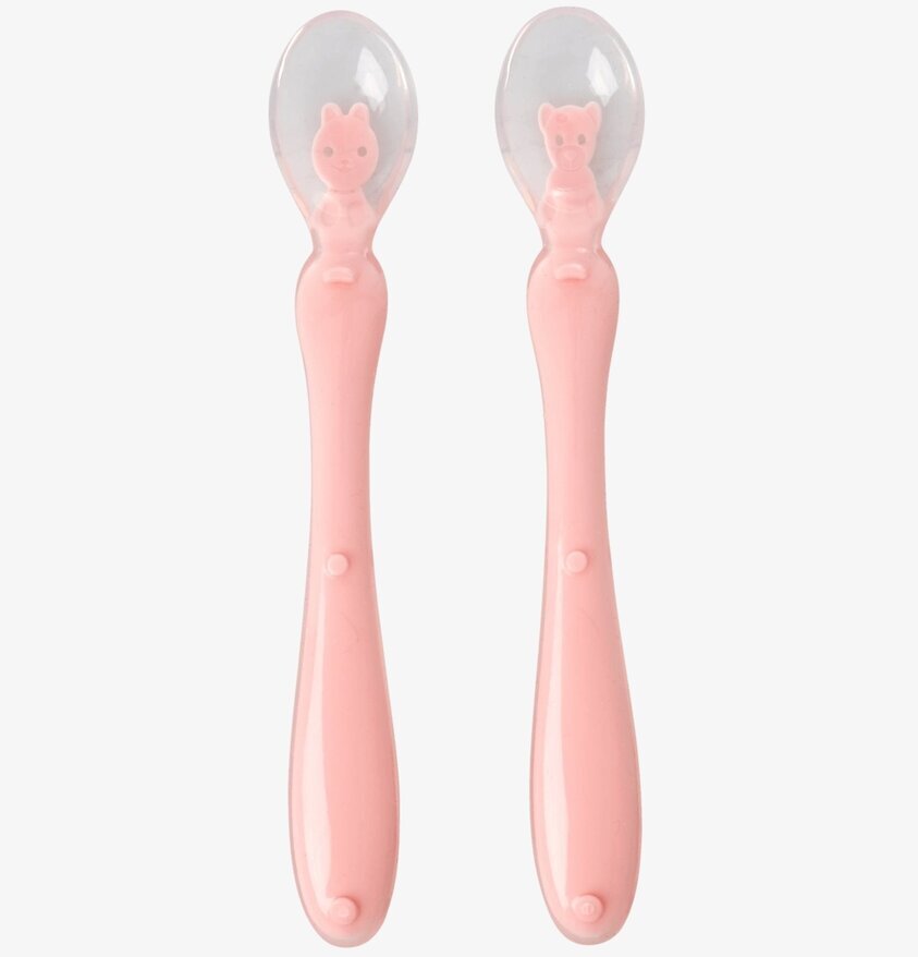 Två skedar Sked Silikon Pink från Rice med djurfigurer
