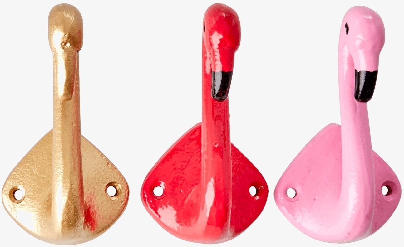 Väggkrok Flamingo från Rice i guld, röd och rosa färger