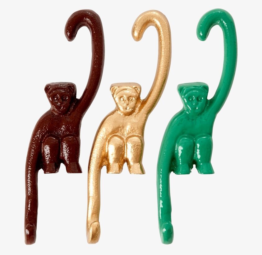 Väggkrok Apa från Rice i tre färger mot vit bakgrund