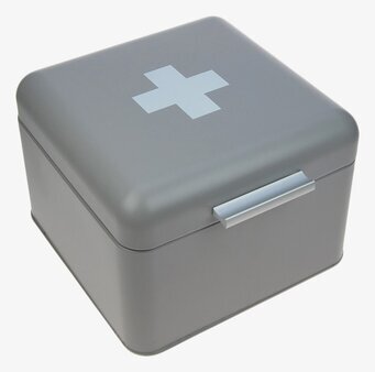 Bild av stilren grå plåtburk för medicinförvaring