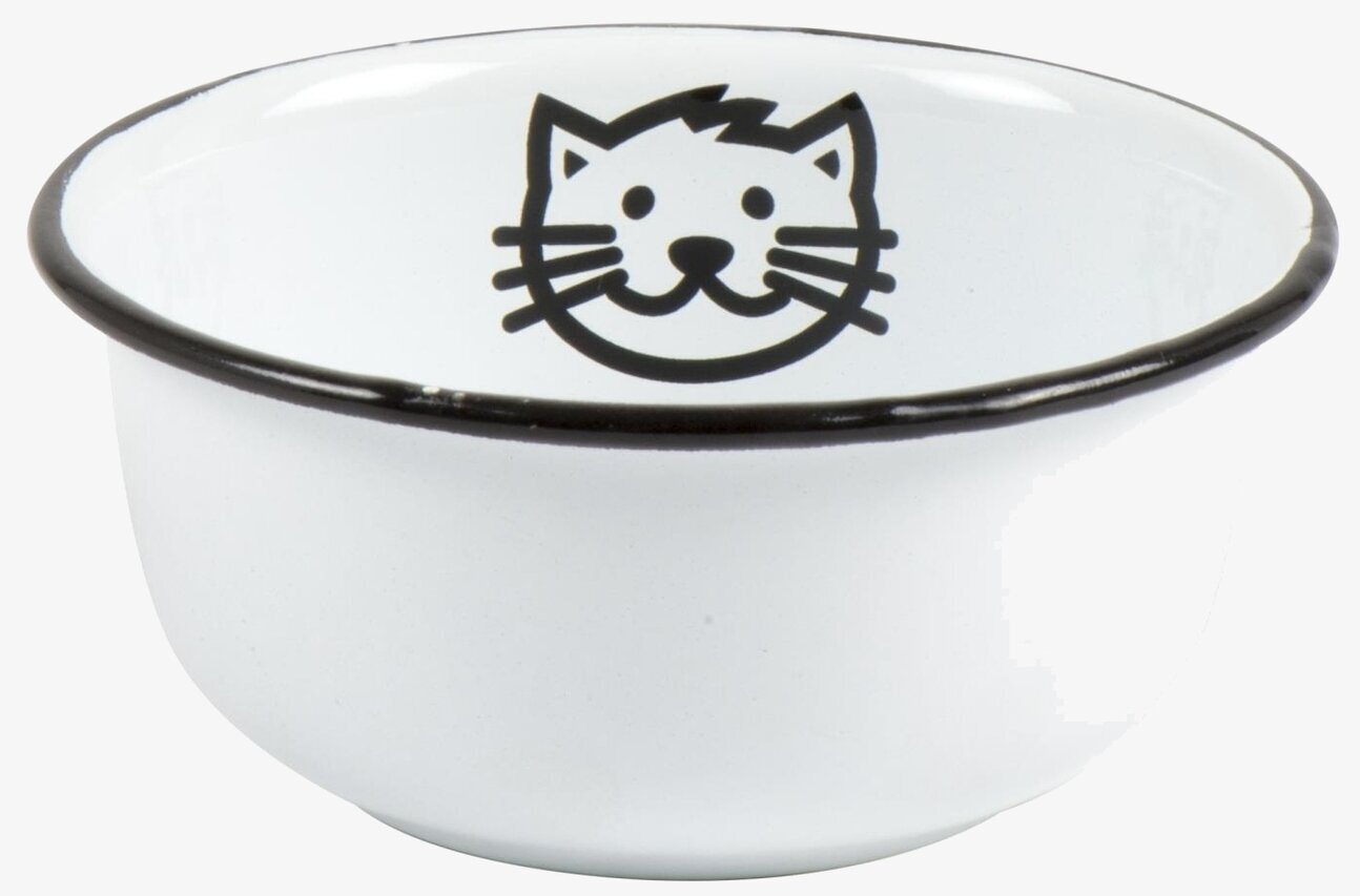 Kattskål Emalj från IB Laursen med vit yta och kattmotiv