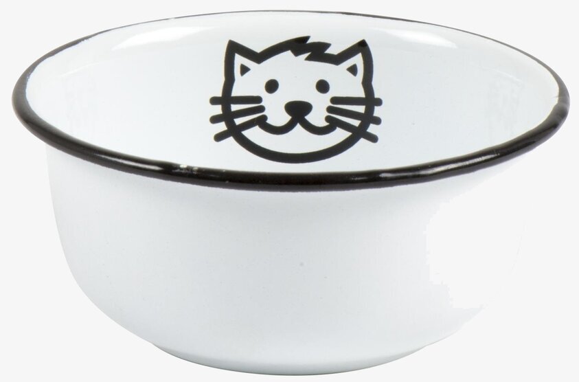 Kattskål Emalj från IB Laursen med vit yta och kattmotiv