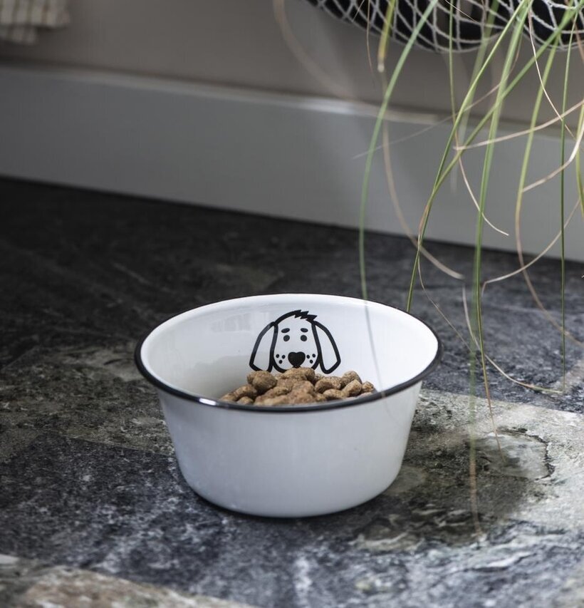 Hundskål Emalj från IB Laursen på stengolv med växter