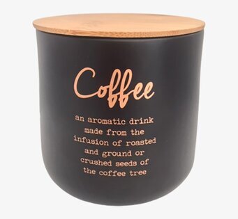 Foto av stilren kaffeburk med trälock och textdetaljer