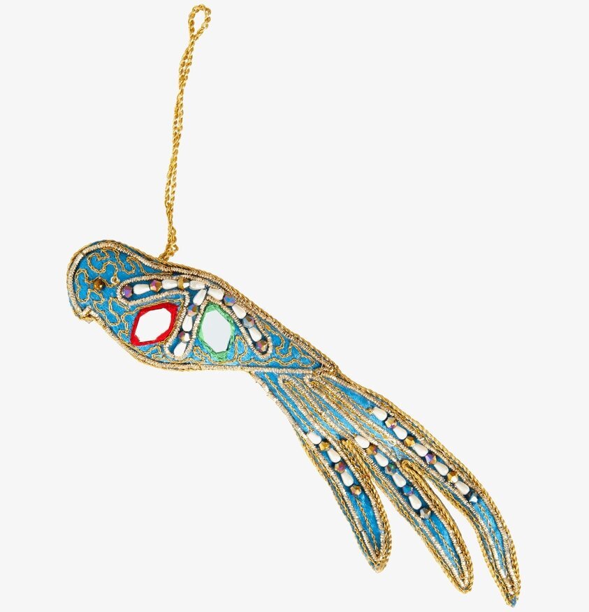 Rice Bird Shape Ornament Xmas20 med blått tyg och guldtråd