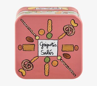 Bild av färgglad och dekorativ fyrkantig plåtburk