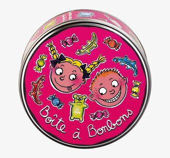 Bild av färgglad plåtburk med lekfull design och godis