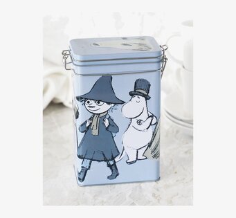 Bild av charmig kaffeburk med Muminmotiv i blå toner