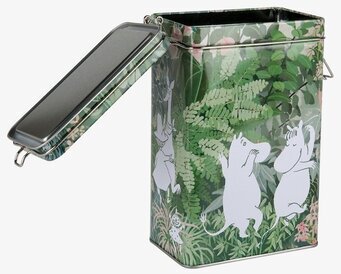 Foto av kaffeburk med Mumintema och naturmotiv