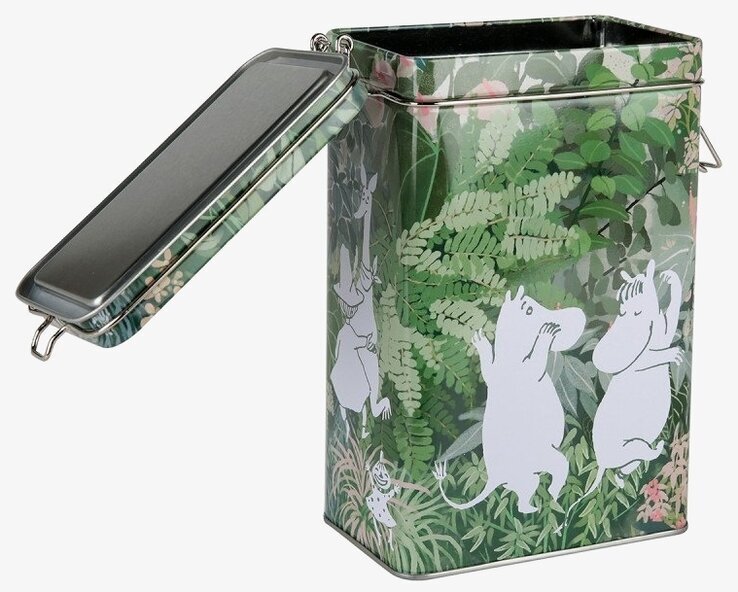 Foto av kaffeburk med Mumintema och naturmotiv