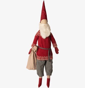 Maileg Santa från Maileg i röd tröja och grå byxor med säck