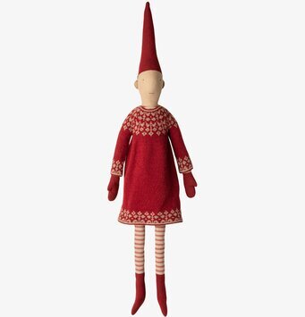 Mega Pixy no 4 från Maileg i röd klänning med vita mönster