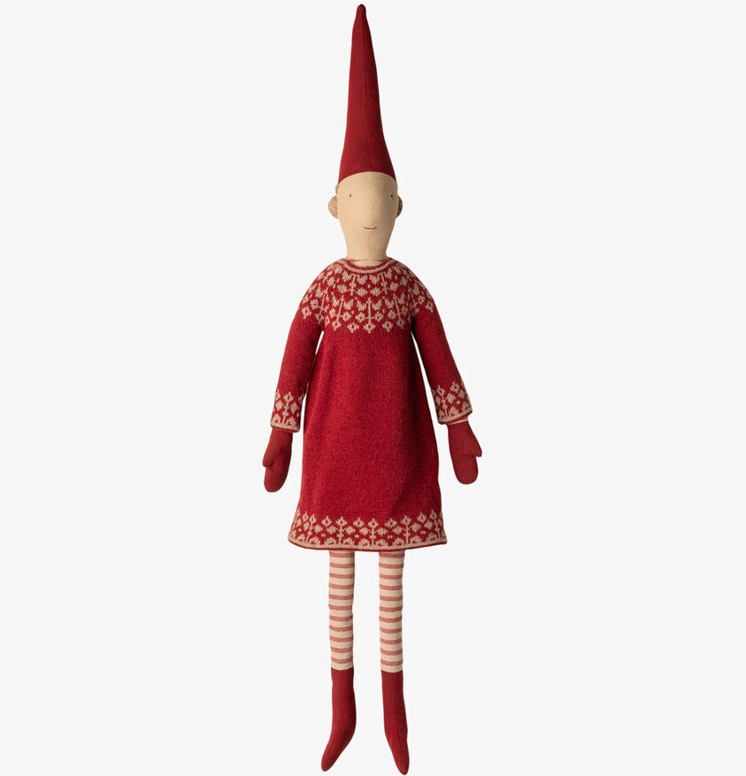 Mega Pixy no 4 från Maileg i röd klänning med vita mönster