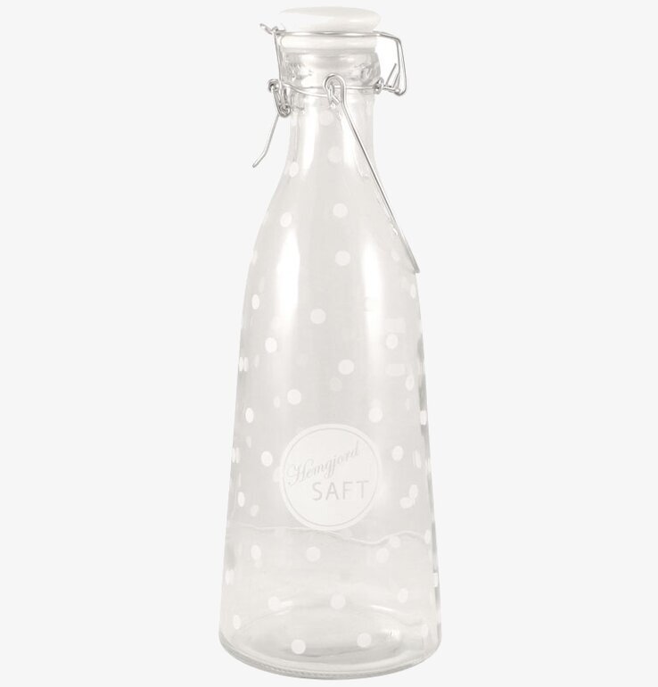 Flaska Hemgjord Saft Vit från Strömshaga med vita prickar