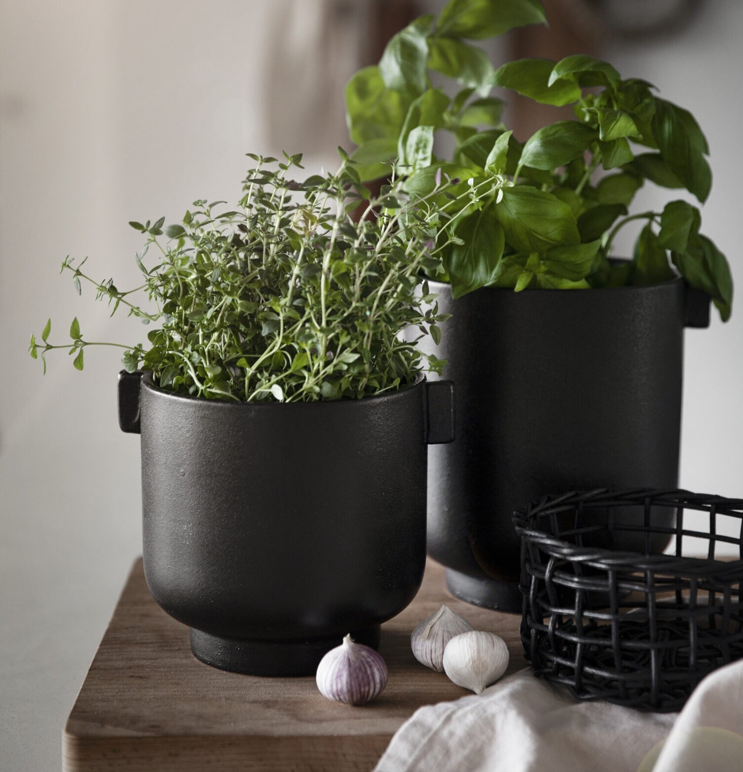 Kruka Med Öra Svart från Ernst på ljus träskiva med växter