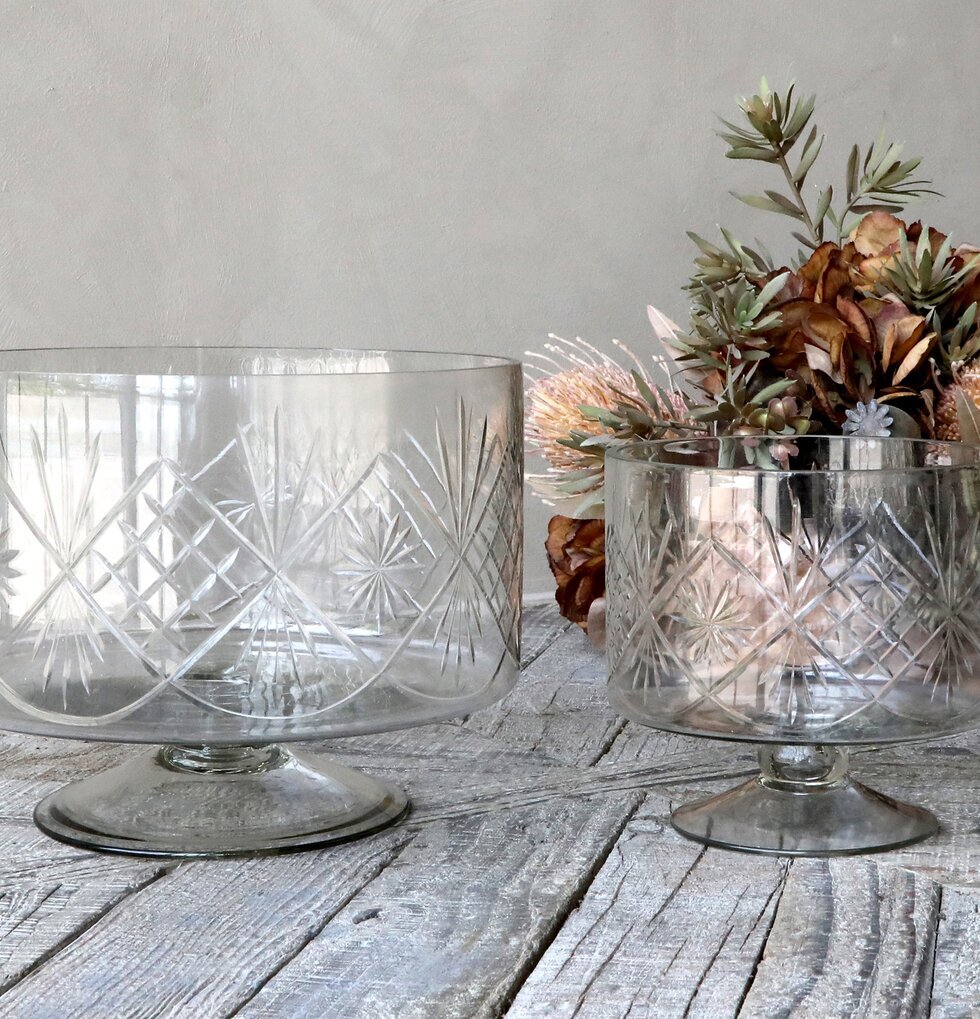 Glasskål På Fot Med slipat mönster från Chic Antique