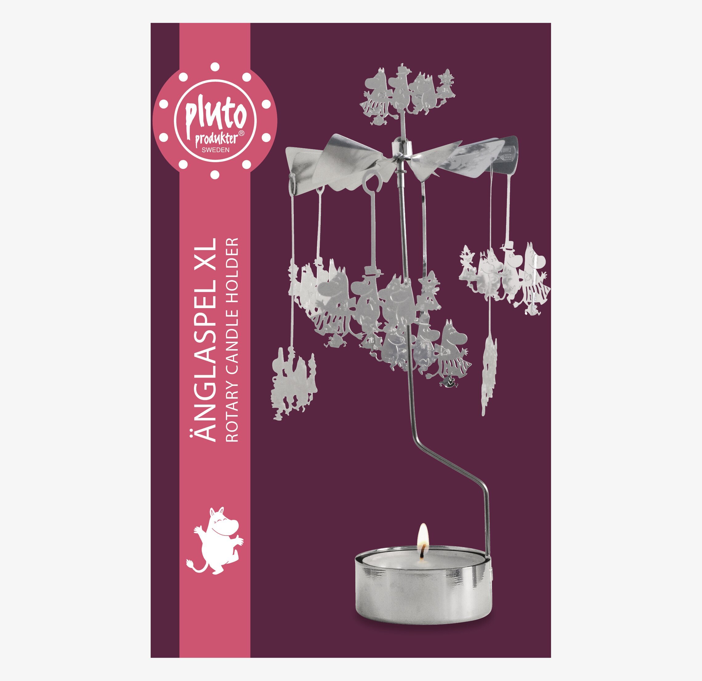 Bild av ett stort, silverfärgat änglaspel med Mumin