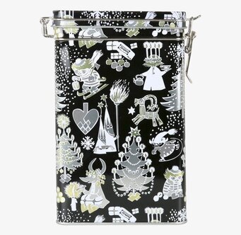 Bild av dekorativ kaffeburk med julmotiv och Mumin-tema