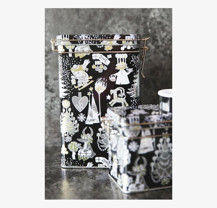 Bild av dekorativ kaffeburk med Mumin-jultema