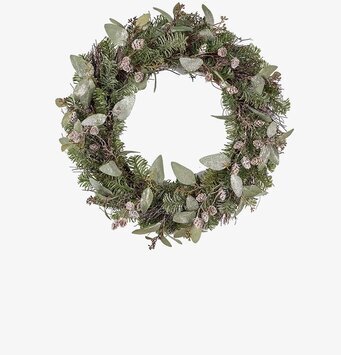 Grankrans från Mr Plant med frostiga blad och kottar