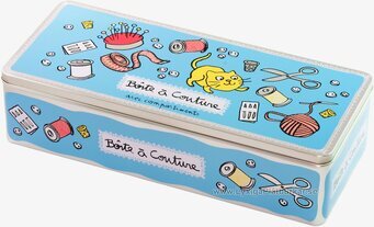 Bild av charmig blå plåtburk med sytema och kattmotiv