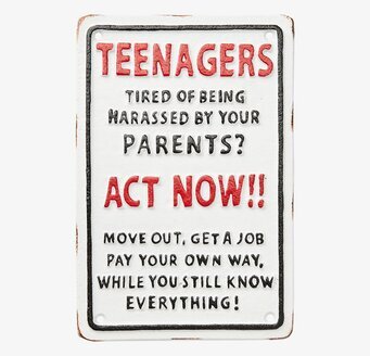 Facia Skylt Teenagers från Affari med humoristisk text