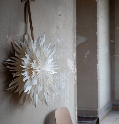 Julstjärna Eldig 52 White från Watt och Veke på sliten vägg