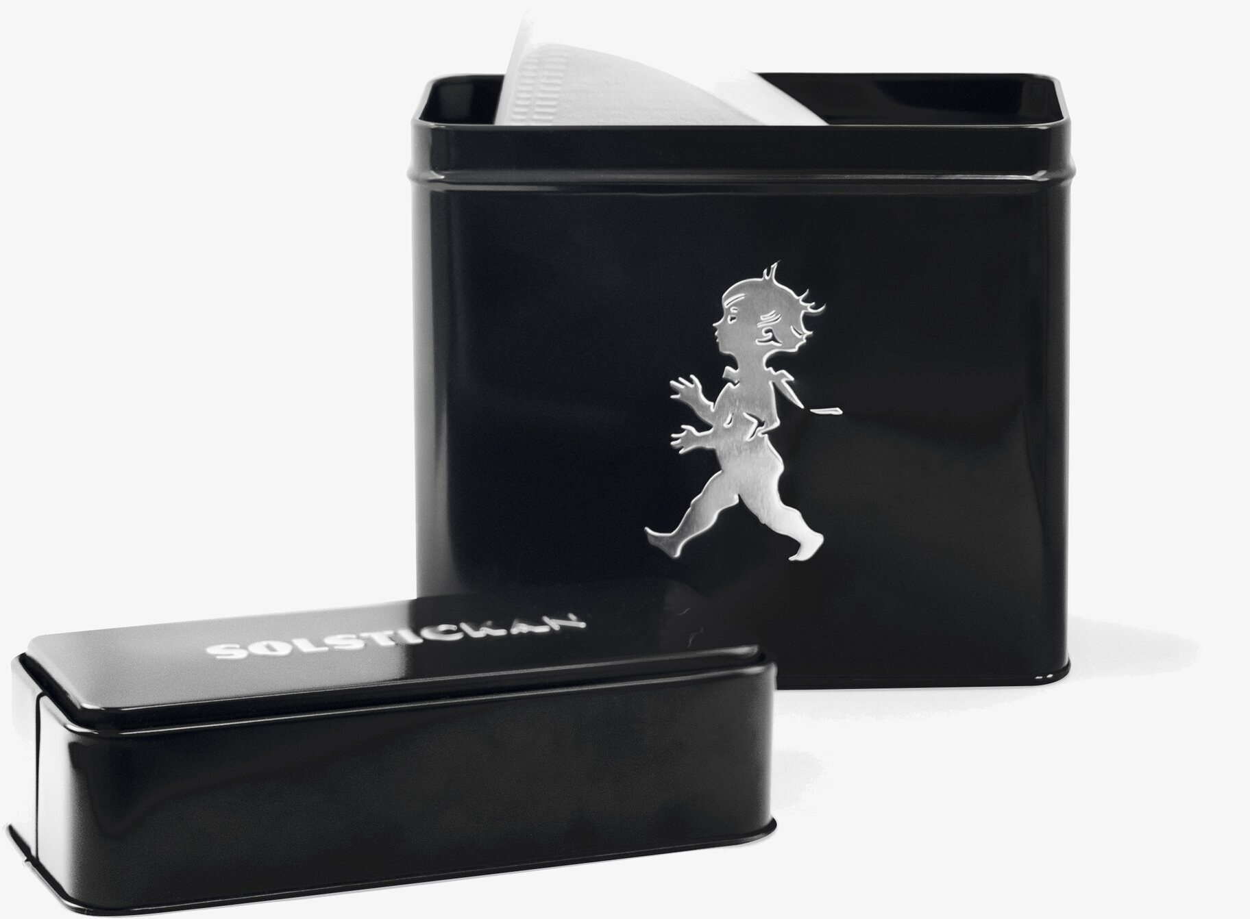 Plåtburk Kaffefilter Svart från Solstickan med logotyp