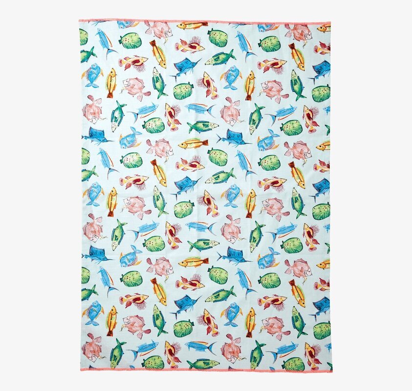 Kökshandduk Soft Blue Fish Print från Rice med fiskmönster