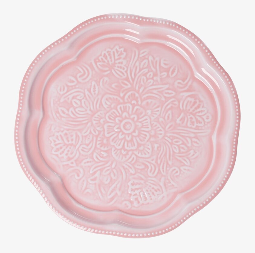 Rice Rund Emaljbricka Flamingo Pink med blommönster