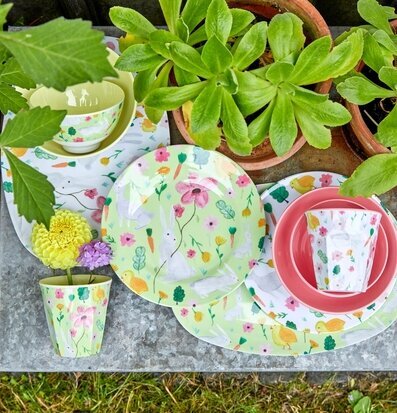 Assiett White Print från Rice på zinkbord med gröna växter