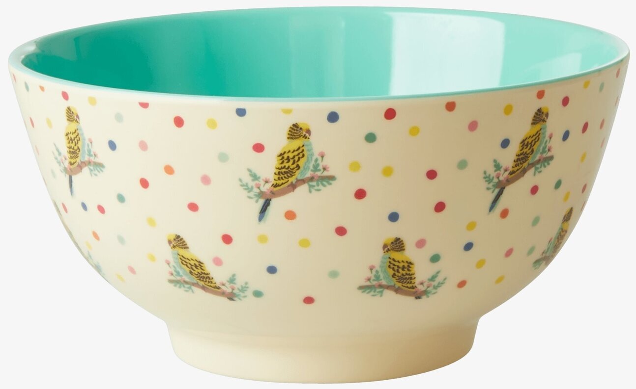 Skål Budgie Print från Rice med färgglada undulater