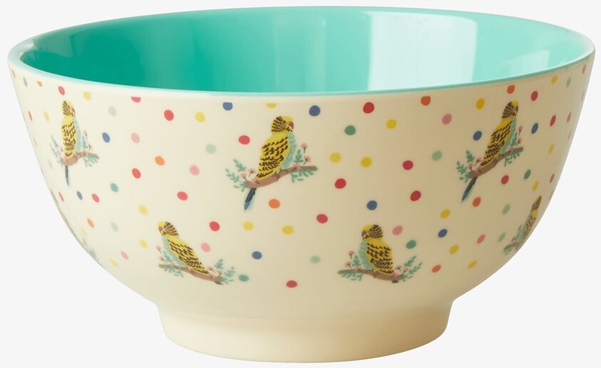 Skål Budgie Print från Rice med färgglada undulater