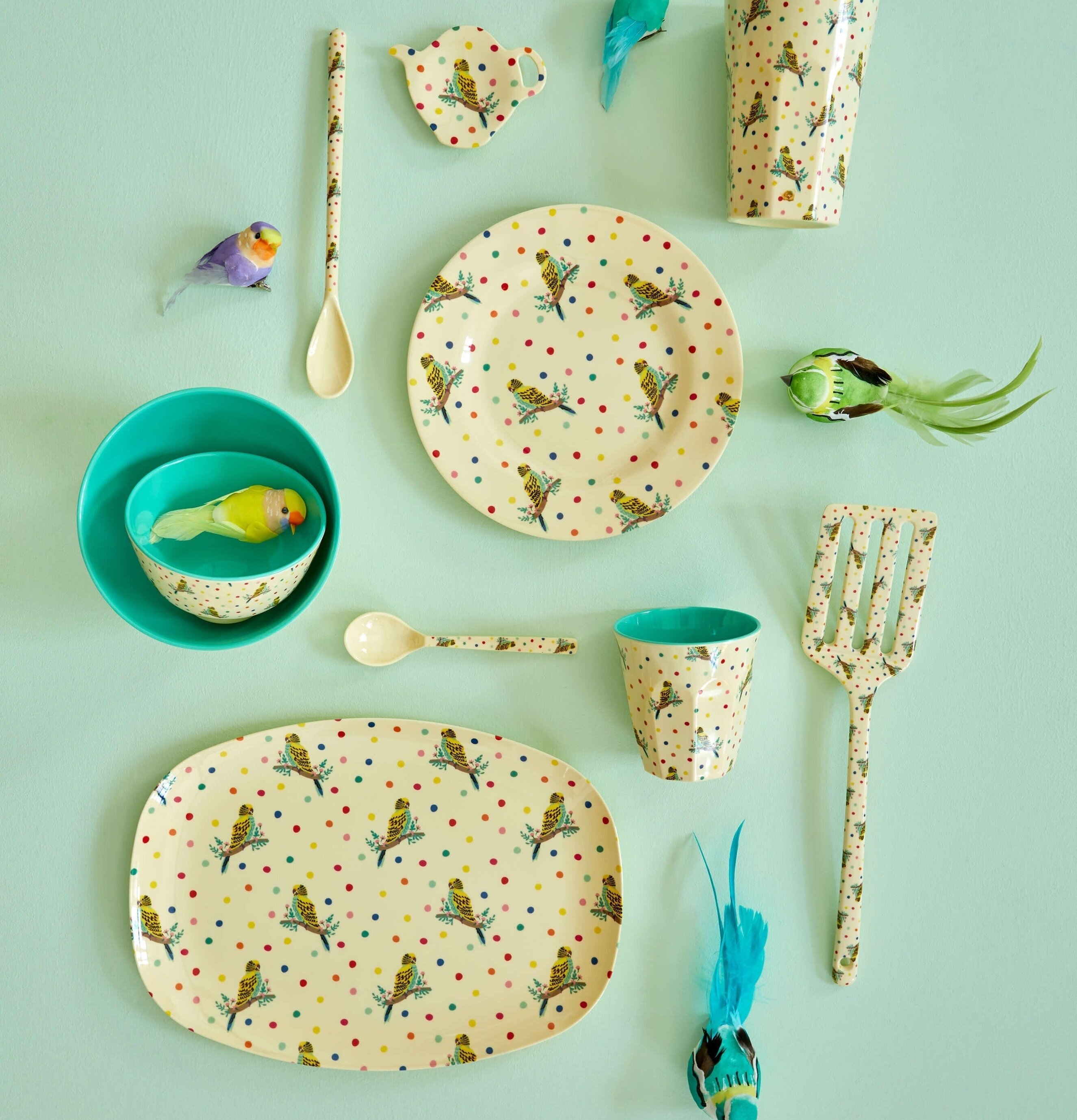 Skål Budgie Print från Rice med fågel- och prickmönster