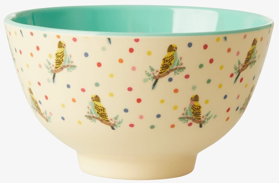 Liten Skål Budgie Print från Rice med färgglada undulater