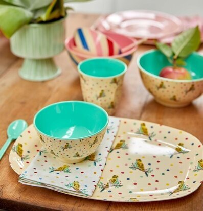 Liten Skål Budgie Print från Rice på ett rustikt träbord