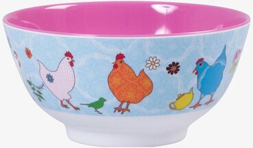 Rice Skål Melamin Höna med färgglada hönor och rosa insida