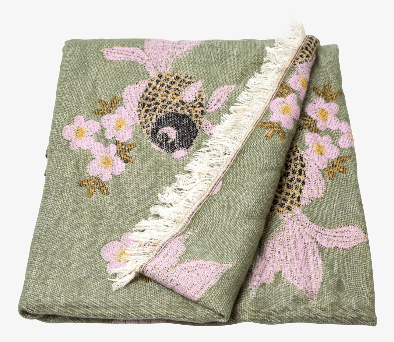 Pläd Goldfish Sage Green från Rice med koi-fiskar och blommor