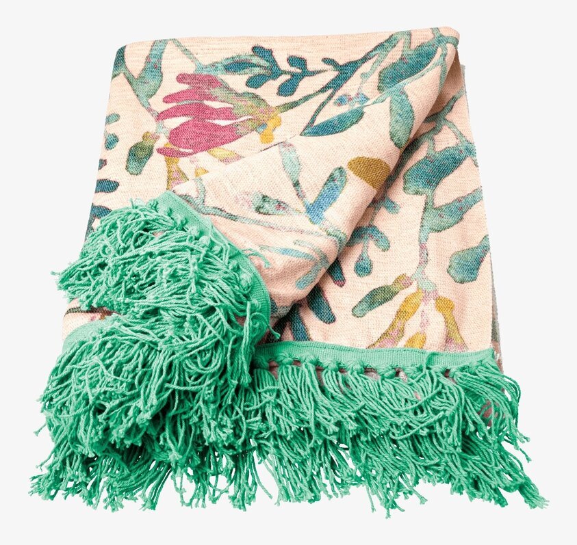 Pläd - Flowers & Green Fringes från Rice med gröna fransar