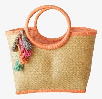 Väska Raffia Pom Pom Coral från Rice med dekorativa pom poms