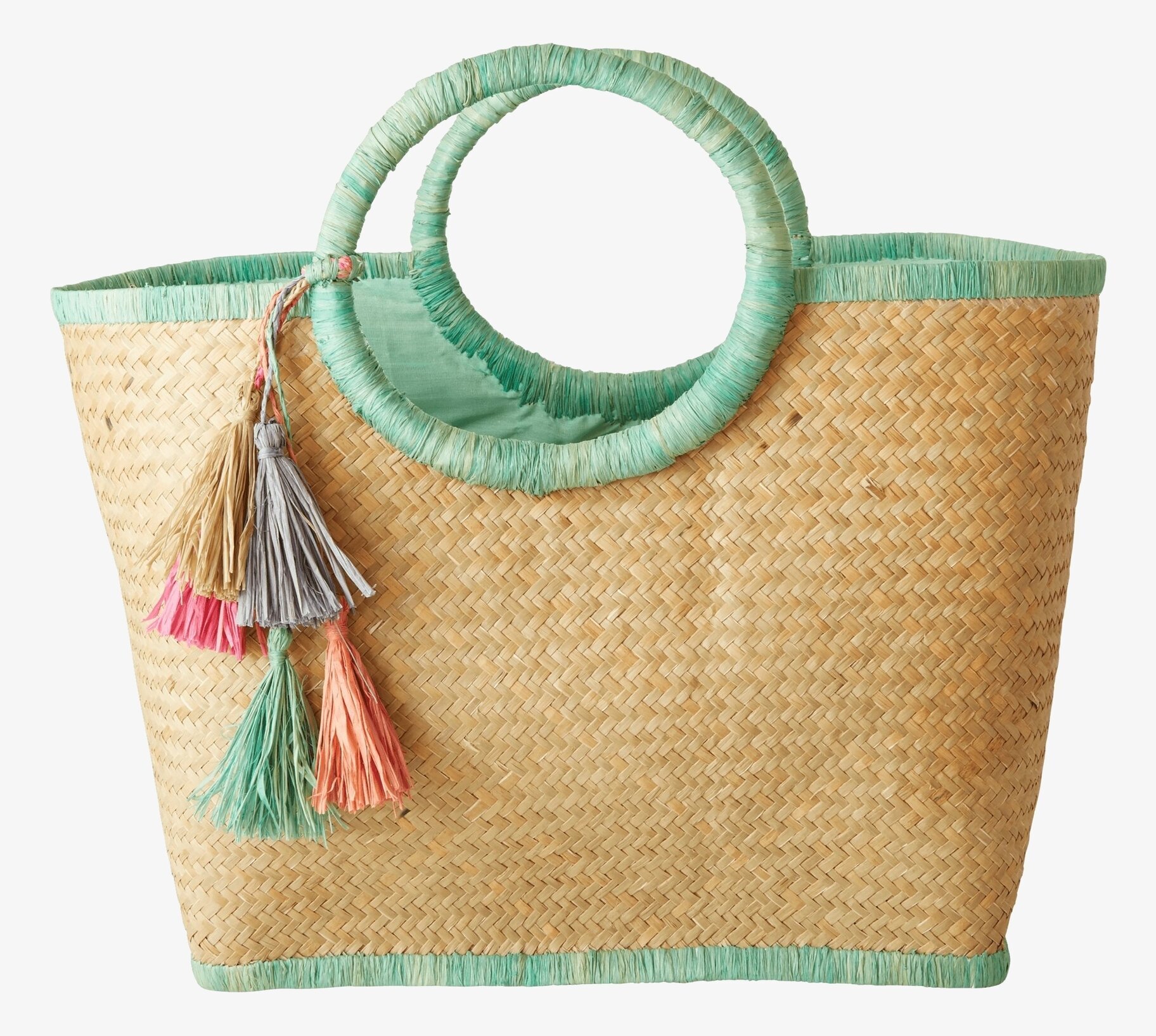 Väska Raffia Pom Pom Sage Green från Rice med pom poms